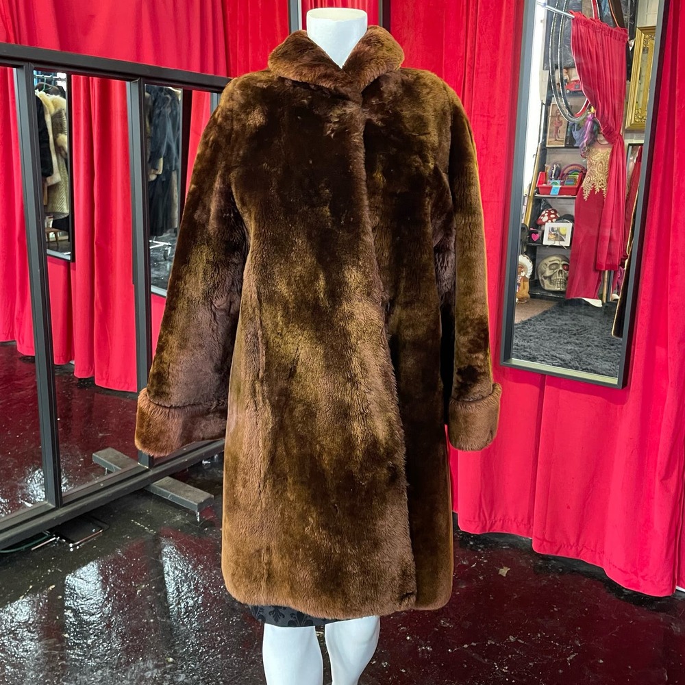 Vintage 60s Famous-Barr Co Brown Teddy Faux Fur Knee Length Coat Womens L/XL